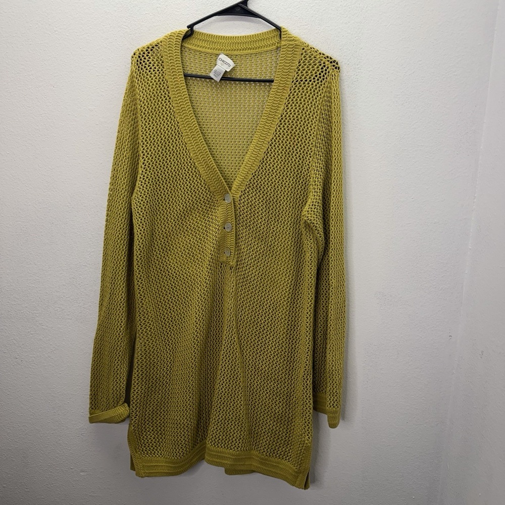 Chico's 2 Button Open Knit Sweater Dress Mustard Yellow Boho Beachy Long Sleeve